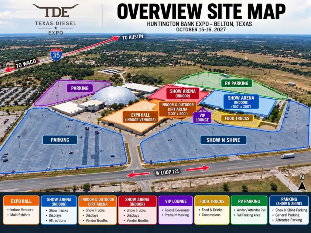 Aerial overview site map of Huntington Bank Expo showing the expo hall, Equine Complex Arena, dirt arenas, VIP lounge, food trucks, RV parking, parking and Show N Shine areas