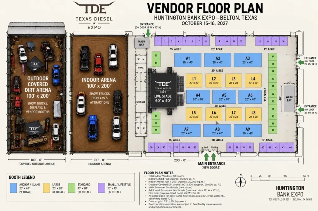 Texas Diesel Expo vendor floor plan at Huntington Bank Expo showing booth rows in the expo hall, the live stage, the indoor arena and the covered outdoor dirt arena