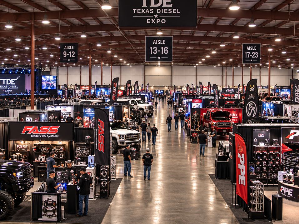 Concept rendering of the main expo hall filled with vendor booths, trucks and attendees