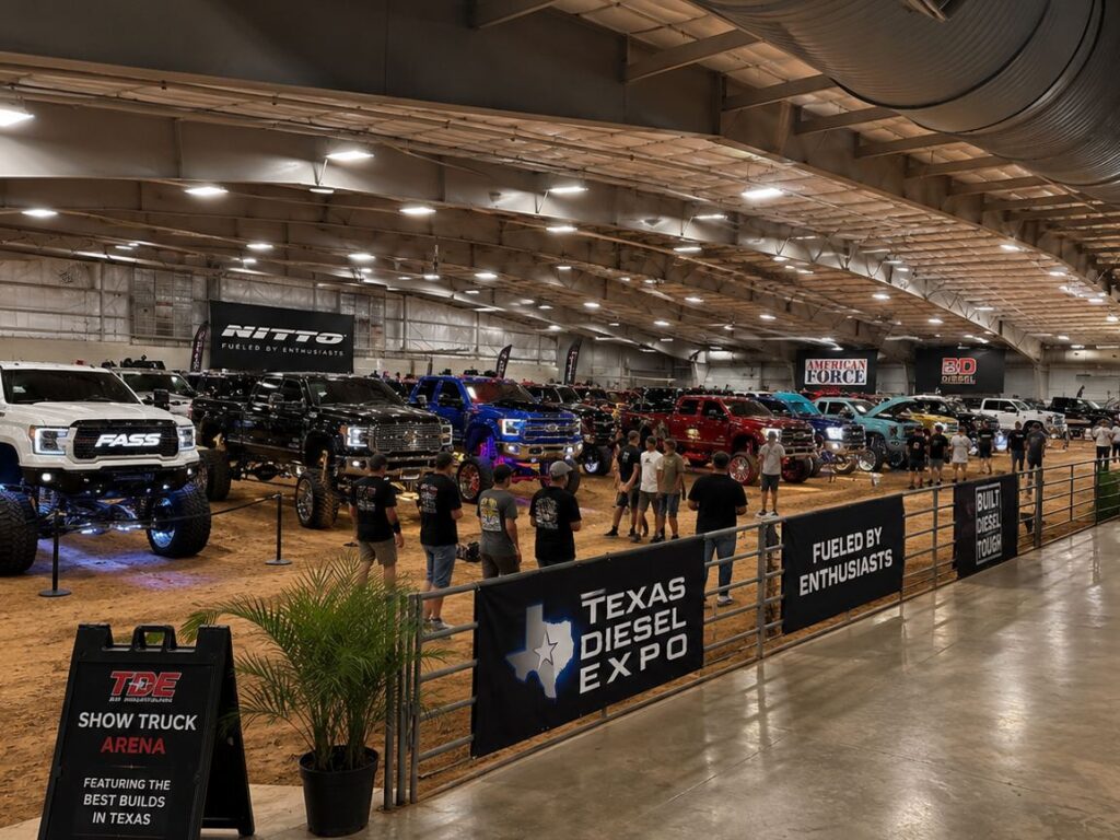 Concept rendering of show trucks and branded vendor displays in the indoor dirt arena