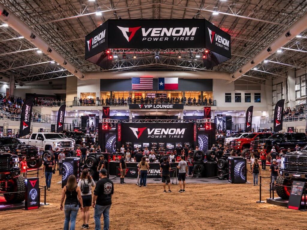 Concept rendering of a featured vendor activation with show trucks in the Equine Complex Arena