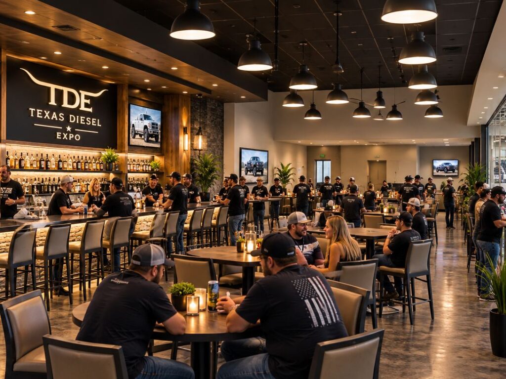 Concept rendering of the TDE VIP lounge filled with guests networking at the bar and tables